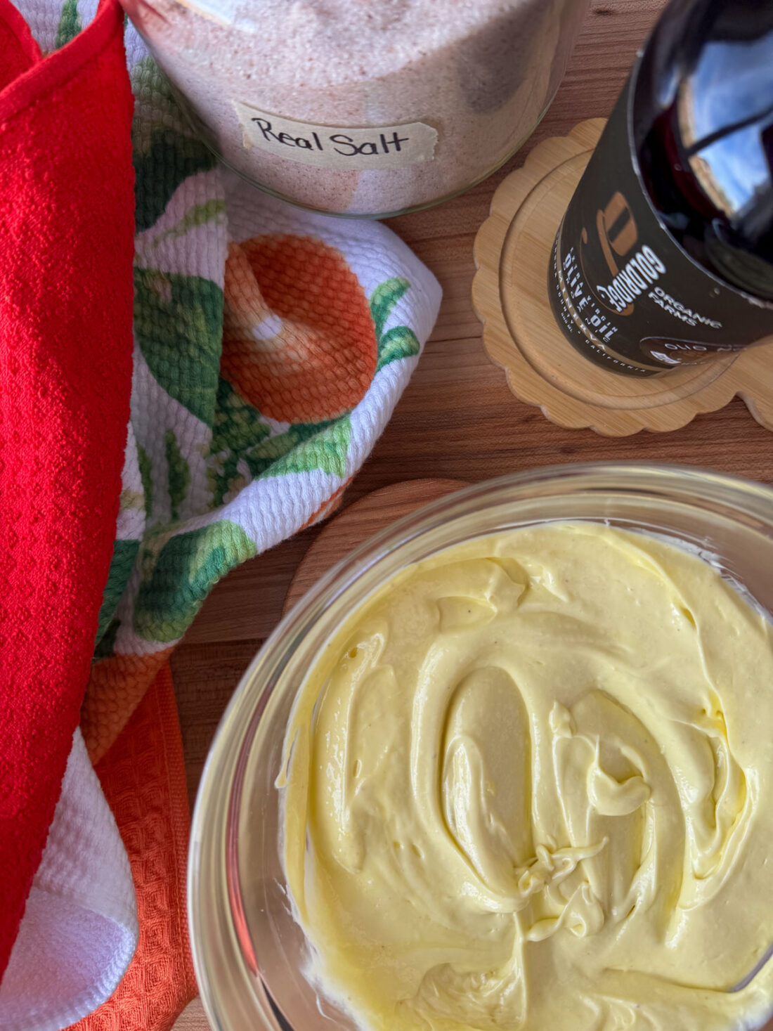 Cultured Homemade Spreadable Butter with Olive Oil Cultured homemade spreadable butter whipped with olive oil