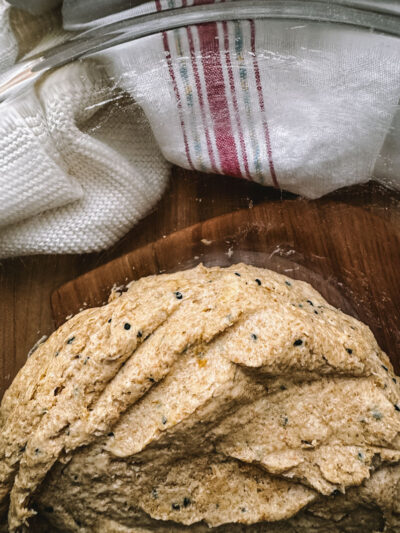 rising einkorn sourdough flatbread dough