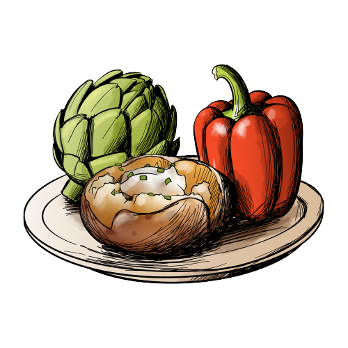 Drawing of artichoke, bell pepper, and sweet potato sides.