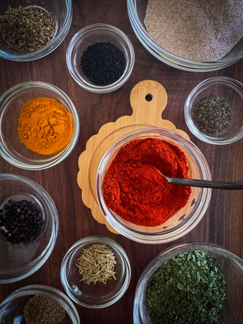 All-Purpose Season Salt Spices in bowls. Ready for mixing.