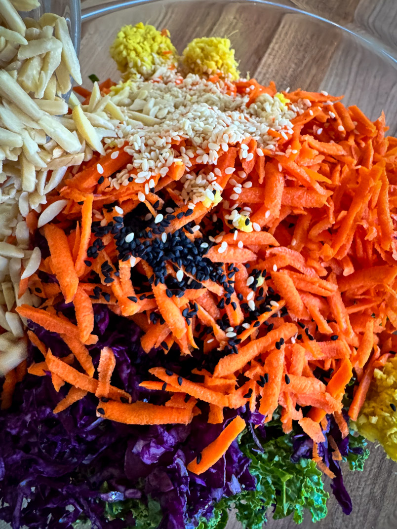 carrots, purple cabbage, and almonds for a healthy salad