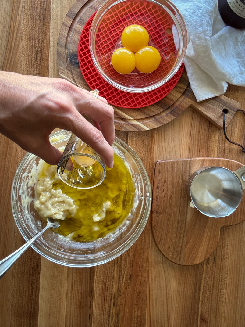 ingredients for a healthy einkorn, olive oil, and maple syrup cake
