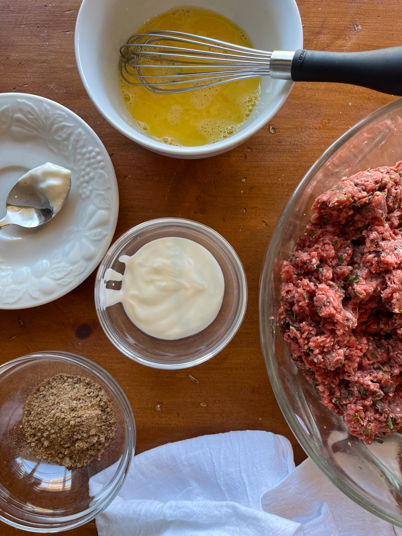 yogurt, eggs, breadcrumbs, beef, and bison
