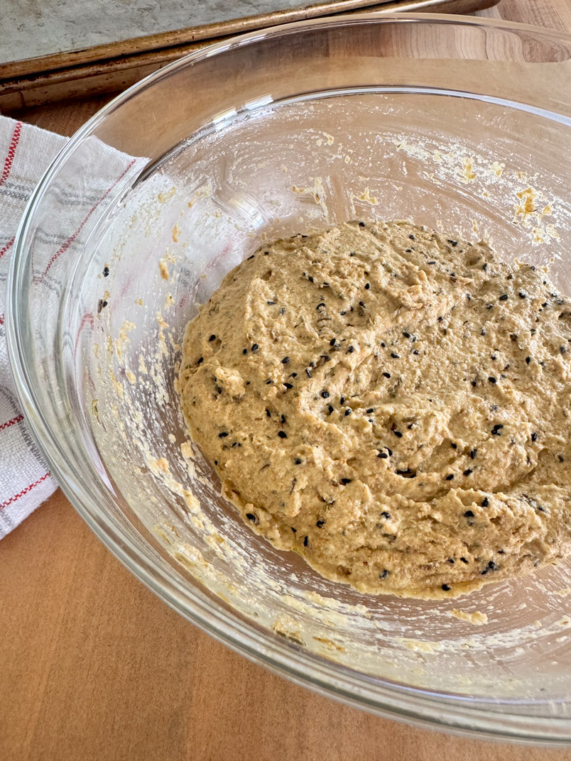 einkorn whole wheat sourdough cracker dough in a mixing bowl