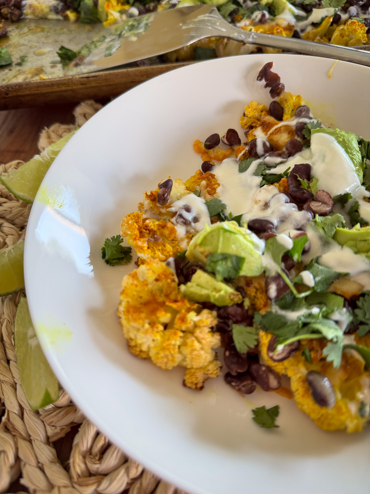 Serving roasted cauliflower sheet pan dinner: mediterranean diet friendly