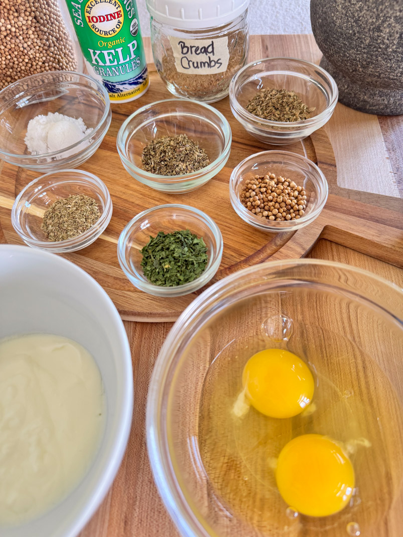 herbs, eggs, and yogurt for beef and bison meatballs