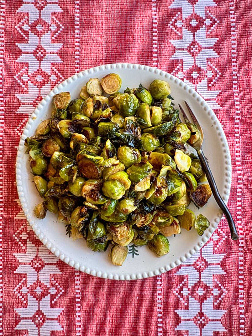 Serving platter of homemade honey roasted Brussel sprouts