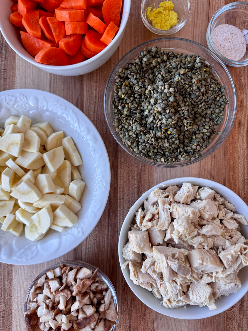 lentils, chicken, parsnips, carrots, shiitake