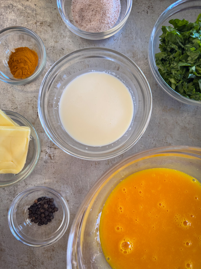 cream, spinach, parsley, egg yolk, peppercorns, turmeric butter for loaded potato bites