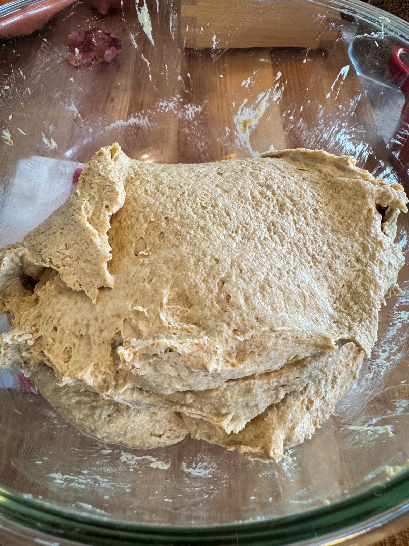 folded and stretched einkorn sourdough for sourdough dressing