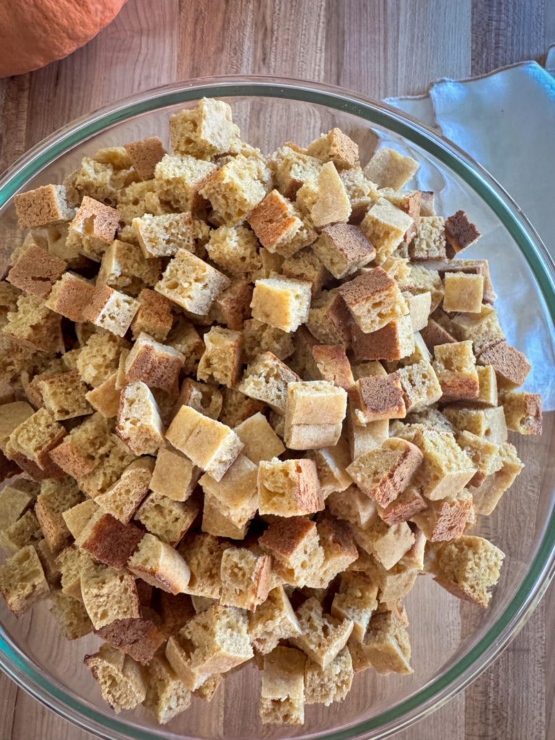 a large bowl of einkorn sourdough bread for stuffing recipe