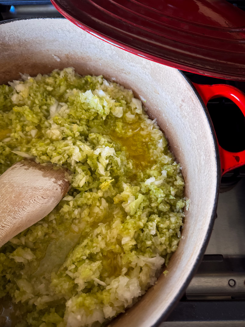 cooking celery and onions in stuffing Dutch oven