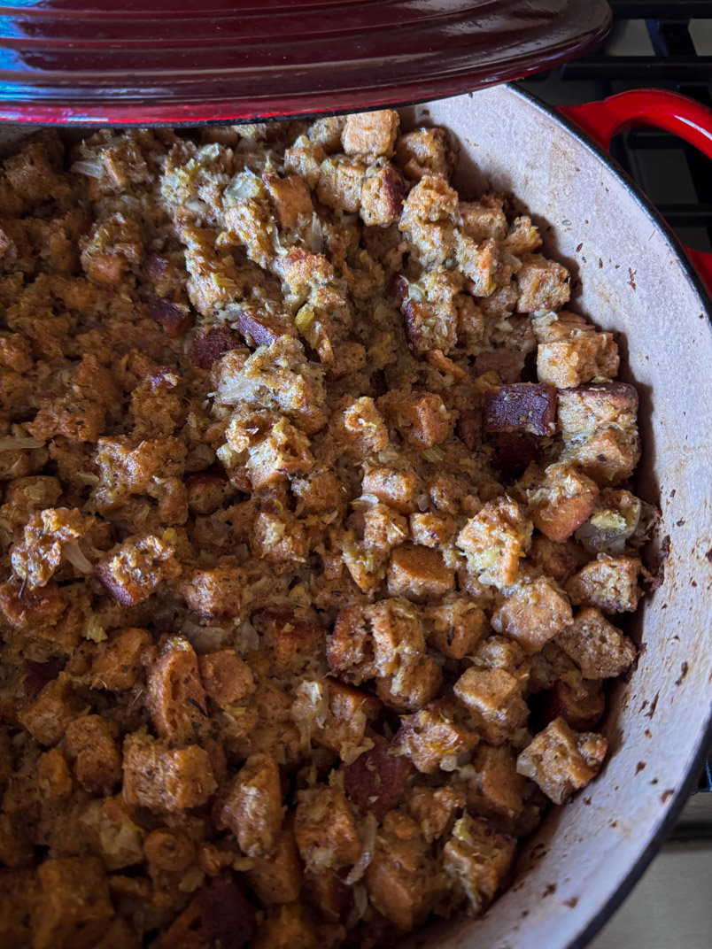 baked sourdough dressing made with ancient grain sourdough bread