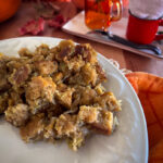 Thanksgiving sourdough dressing made with einkorn ancient grain sourdough bread served