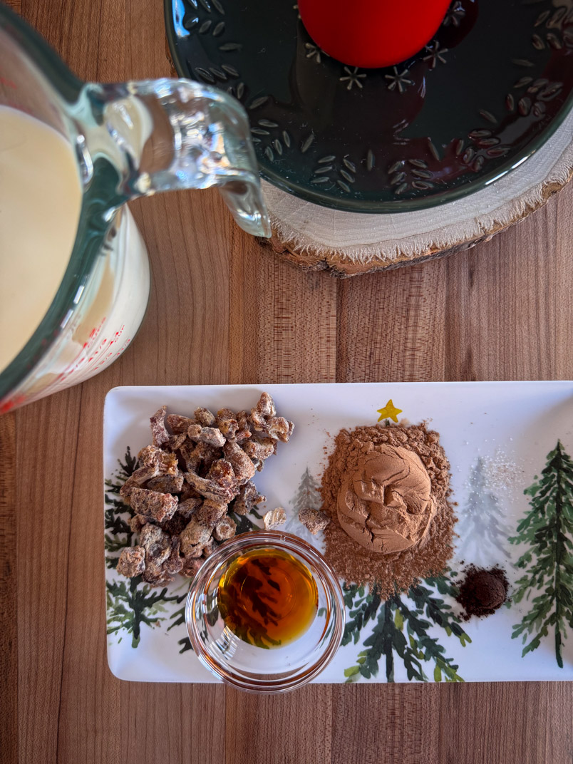 milk, roasted carob, chopped dates, maple syrup, vanilla powder, sea salt milk, roasted carob, chopped dates, maple syrup, vanilla powder, sea salt