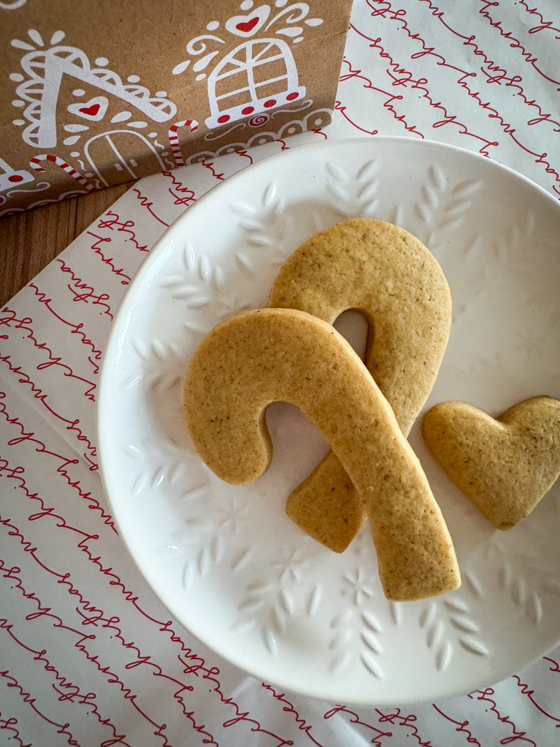 candy canes and heart einkorn sugar cookies sweetened with maple sugar and honey