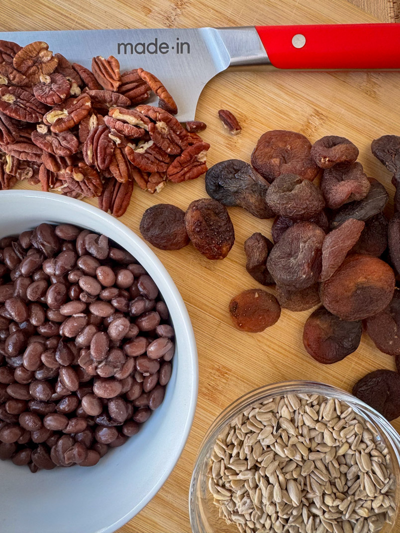 pecans, apricots, black beans, and sunflower seeds