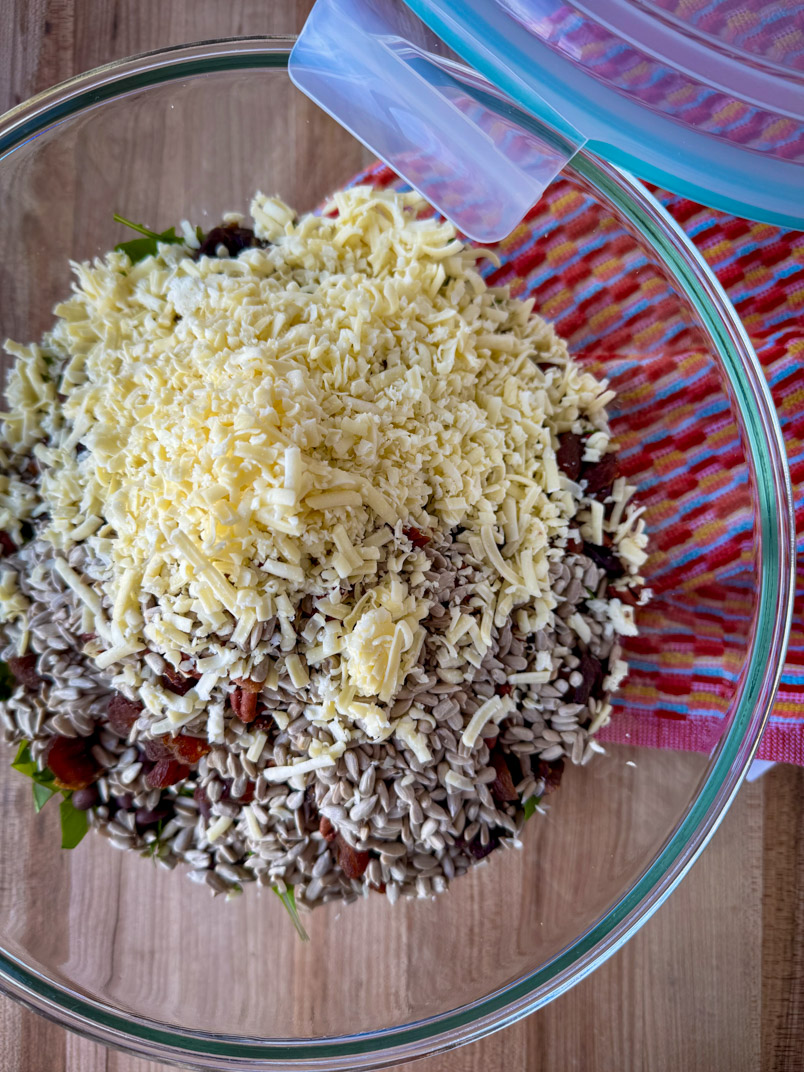 cheese and black beans in a romaine salad