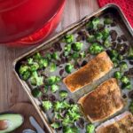 sheet pan salmon and broccoli rice bowl