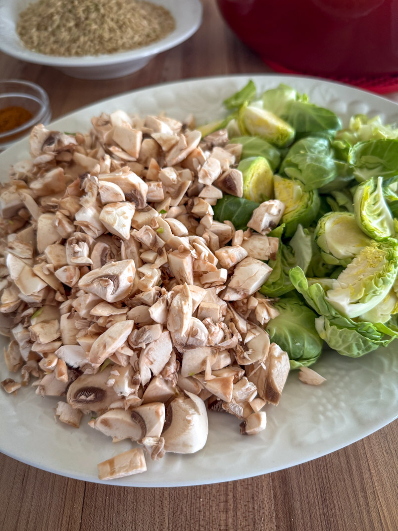 chopped mushrooms and brussel sprouts for an easy healthy dinner