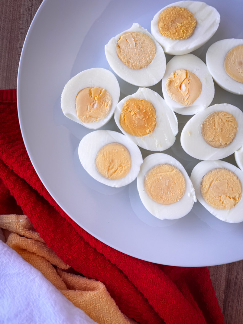 hard boiled eggs sliced for making deviled eggs